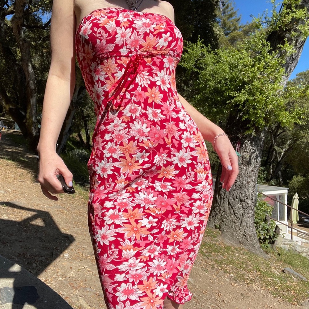 Red and pink floral body con dress